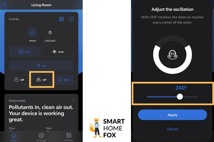 Угол поворота Philips Air Performer Series 7000 устанавливается с шагом 5° в приложении с помощью ползунка. 